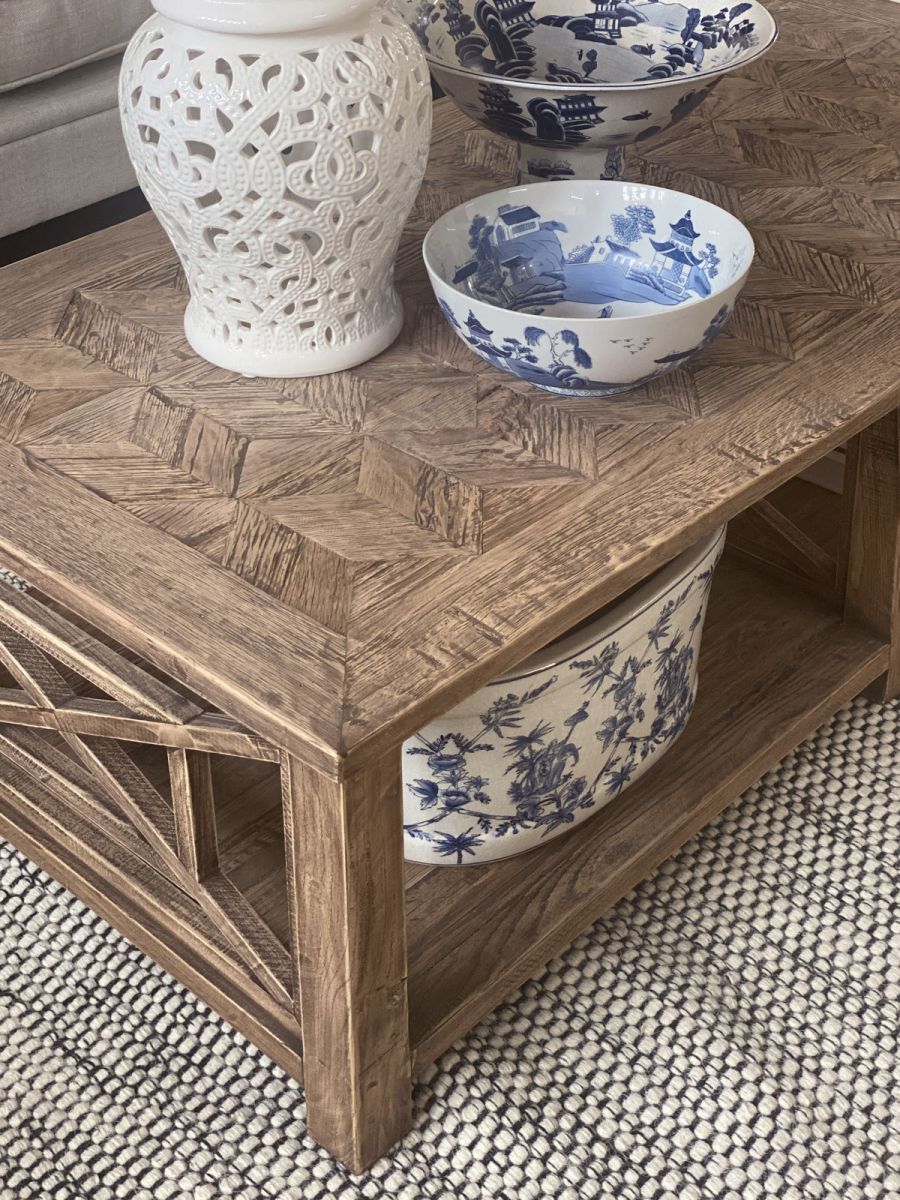 reclaimed oak coffee table with bottom shelf