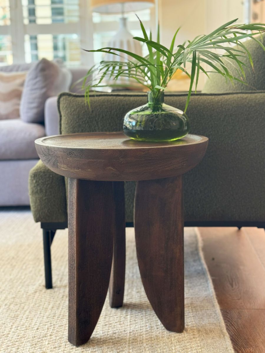 round wooden side table with 3 legs