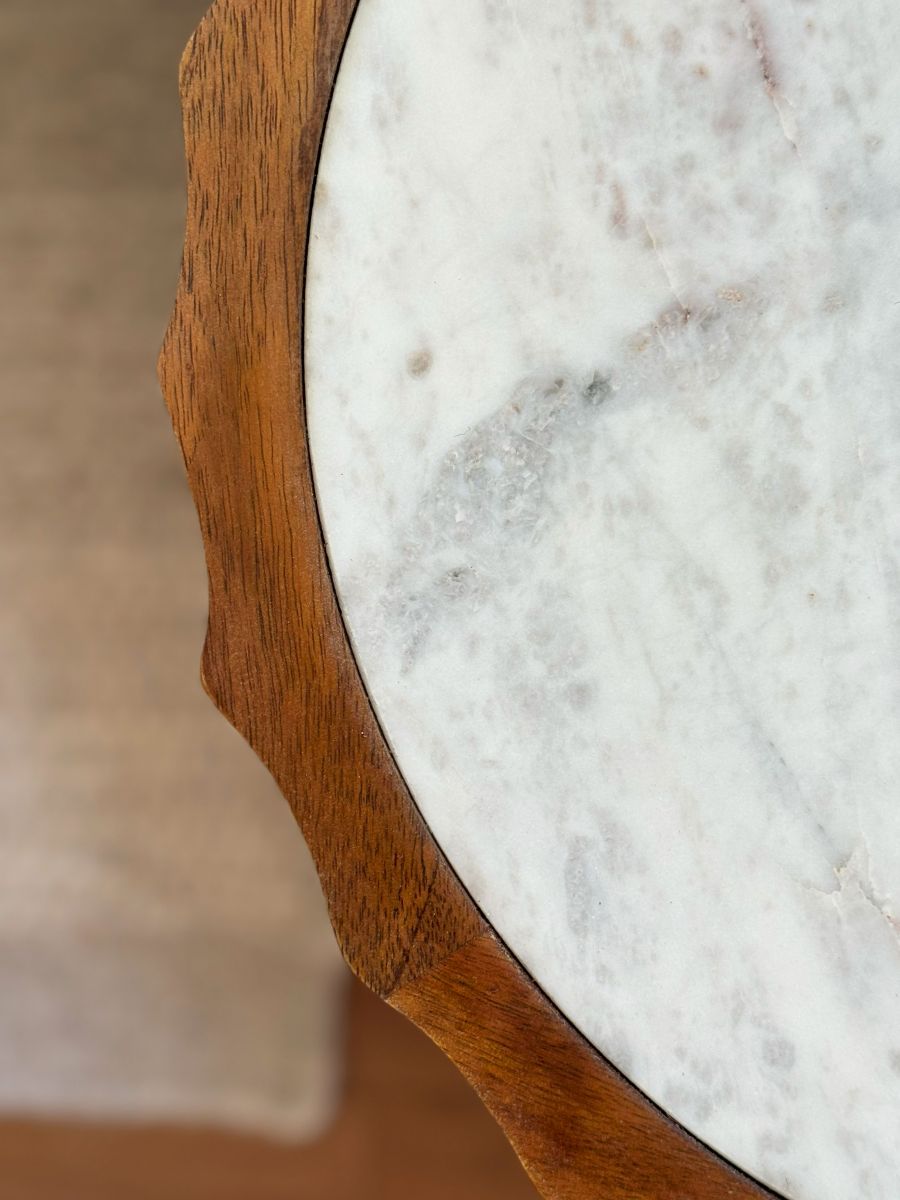 Mango wood side table with travertine marble inlay