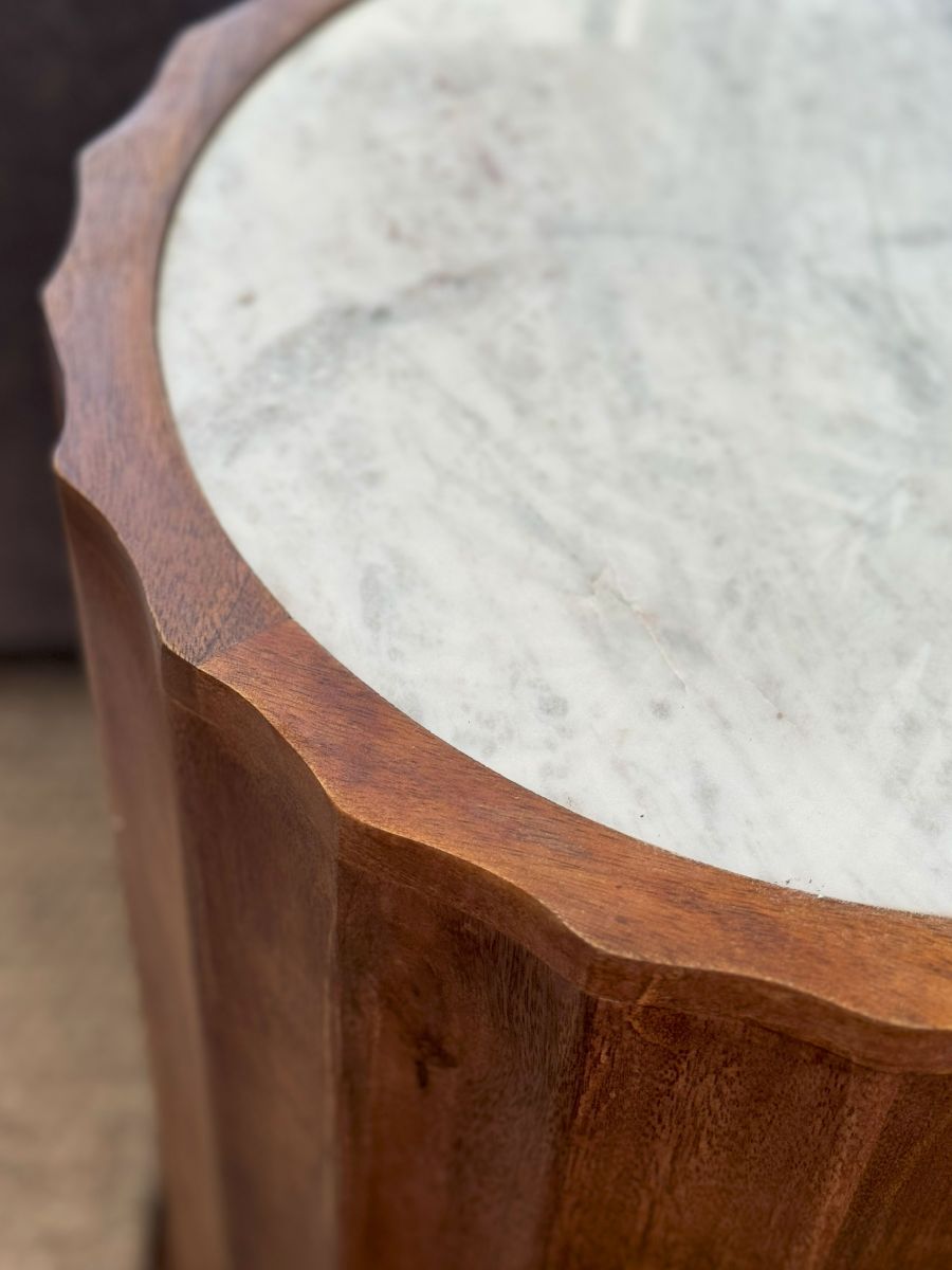 Mango wood side table with travertine marble inlay