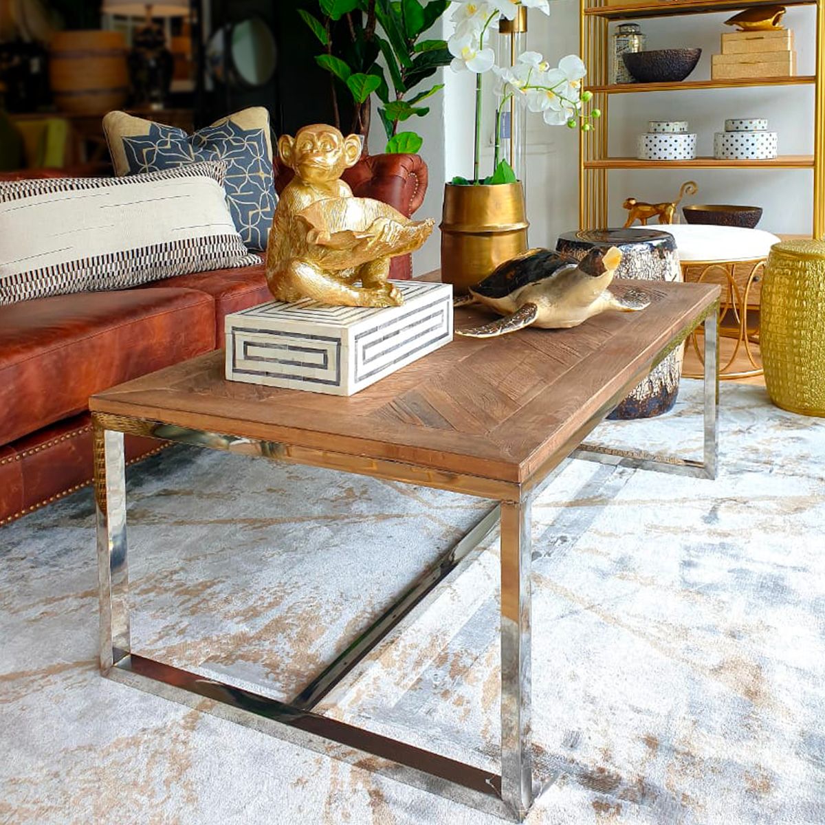 Wooden top coffee table with metal base