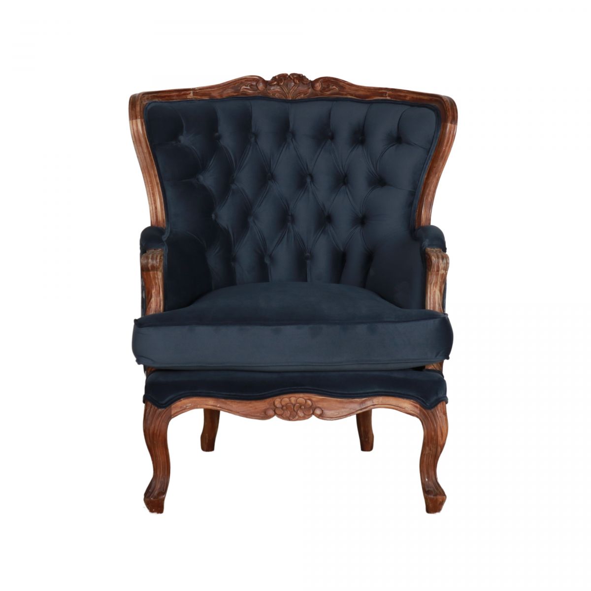 navy velvet wingback chair with floral fabric back