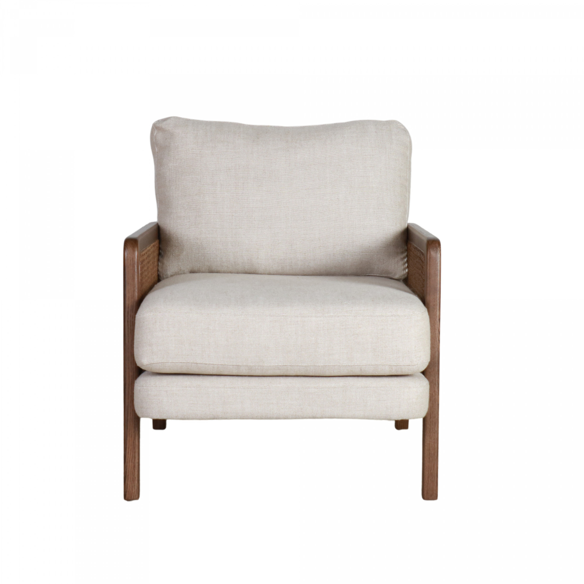 Modern armchair in cream with rattan inlay on arms