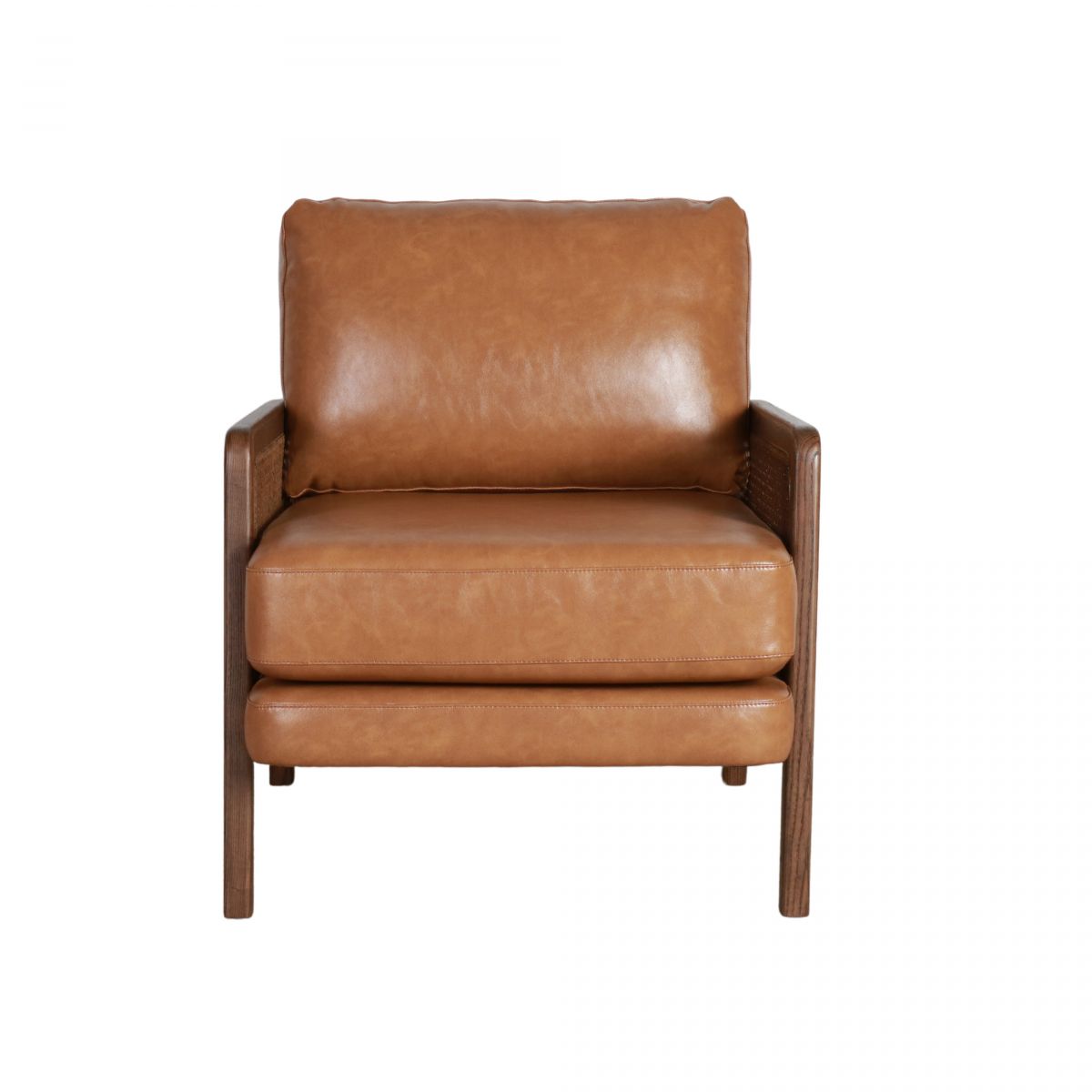 Modern armchair in leather with rattan inlay on arms