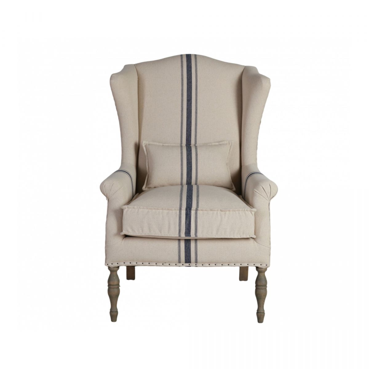 upholstered wingback with turned wooden legs