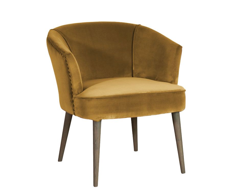 Old gold velvet tub chair with oak legs