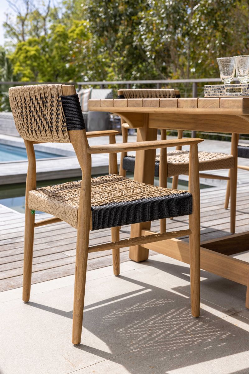 teak and rope outdoor dining armchair 