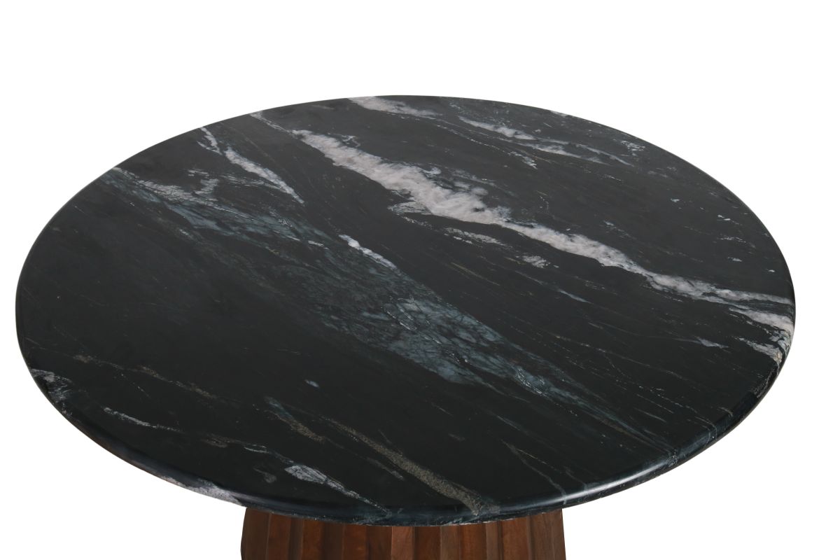 Round dining table with black marble top and mango wood base