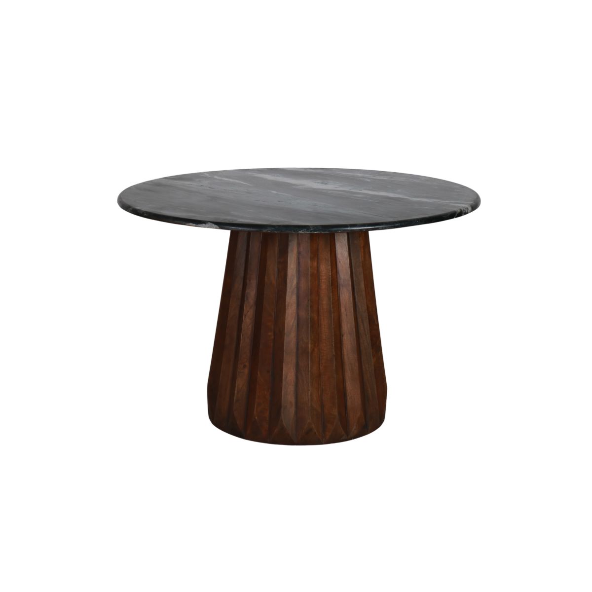 Round dining table with black marble top and mango wood base