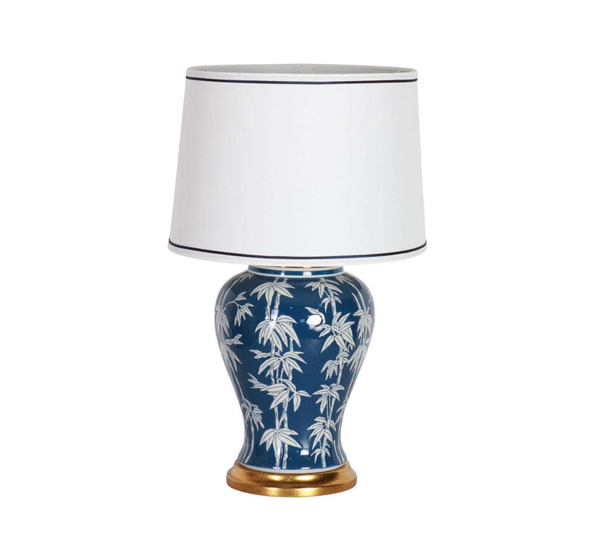 Blue and white lamp with bamboo print on base