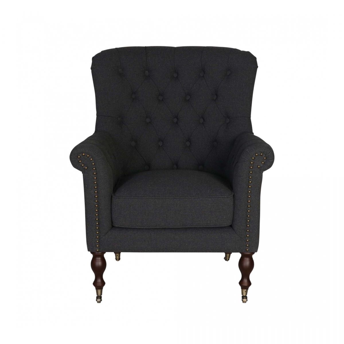 upholstered armchair with deep button detail and castors