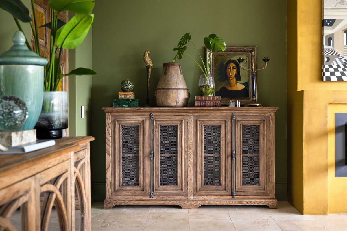 Elm wood sideboard with chicken wire doors