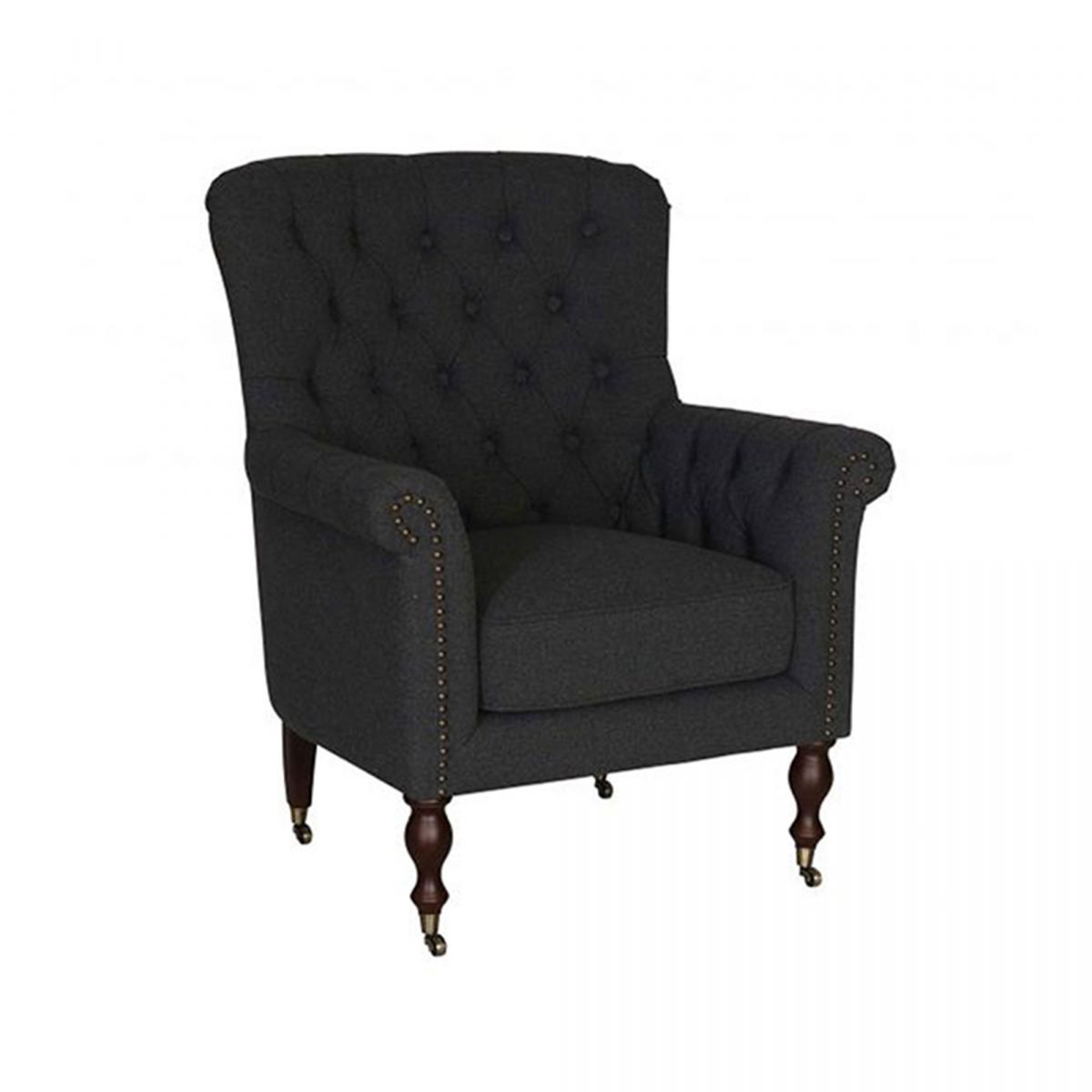 upholstered armchair with deep button detail and castors