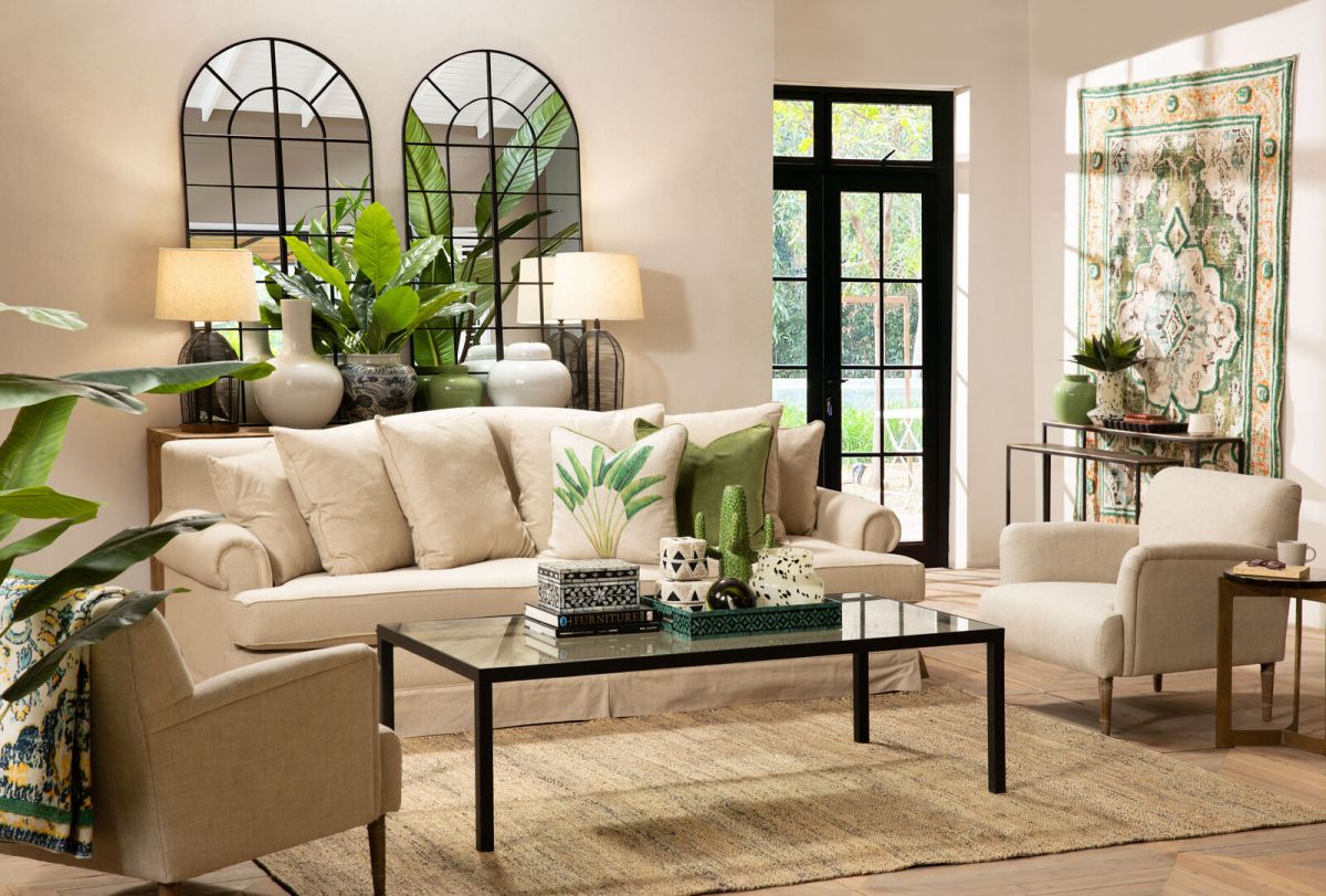 Upholstered armchair with wooden legs linen